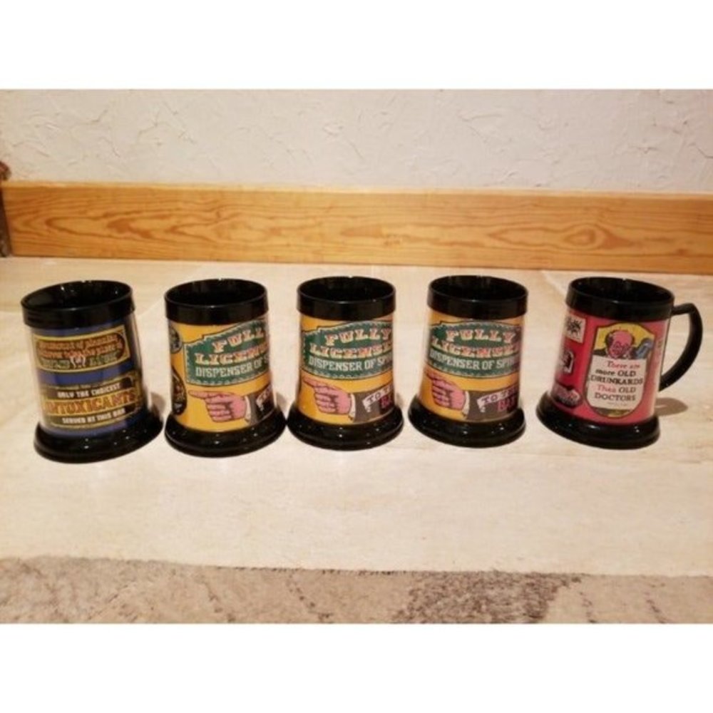 5 Vintage Dawn brand‎ melamine cups Bar Slogans Sayings More Drunkards Doctors